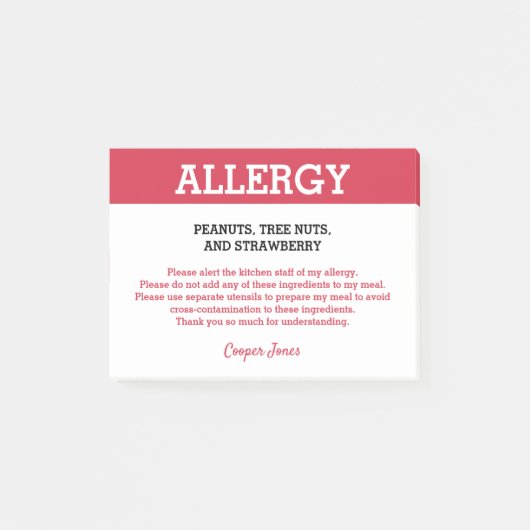 食物アレルギー注意 レストラン 個別対応 ポストイット (正面)