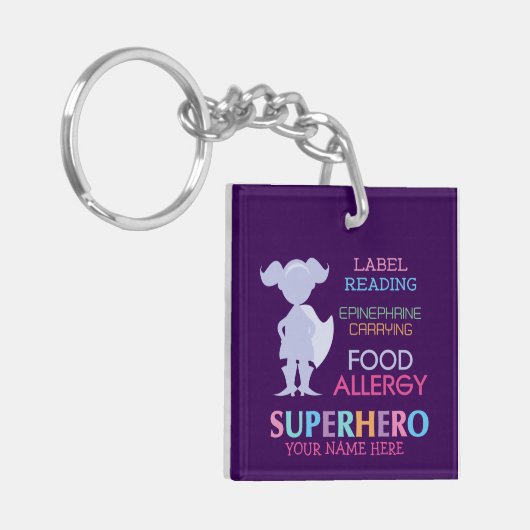 食物アレルギー警報女の子のスーパーヒーローはカスタムをからかいます キーホルダー (正面左)