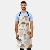 食用キノコのリノカットヴィンテージパターン エプロン (着用した状態)