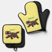 飢えおもしろいた狼の動物漫画 鍋つかみ&鍋敷きセット (正面/裏面)