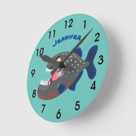 飢えたピラニおもしろいャ漫画のイラストレーション ラウンド壁時計 (傾斜)