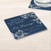 「飲まないで」フローラ銀シンプル海軍 スクエアペーパーコースター (アングル)