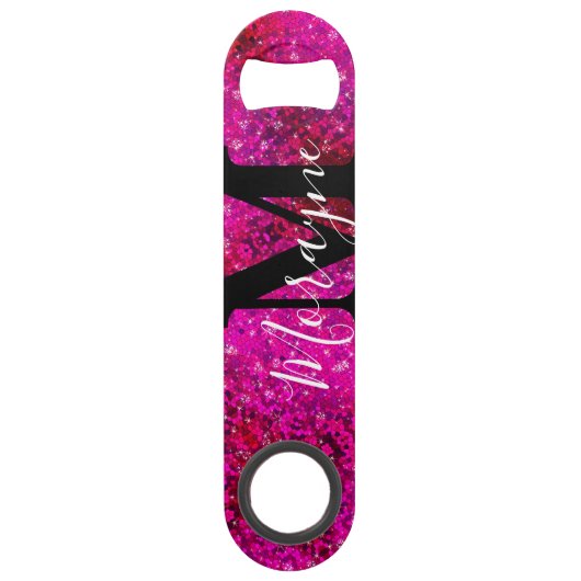 飲みおもしろい冗談ホットピンクグリッターモノグラム名 スピード栓抜き (裏面)