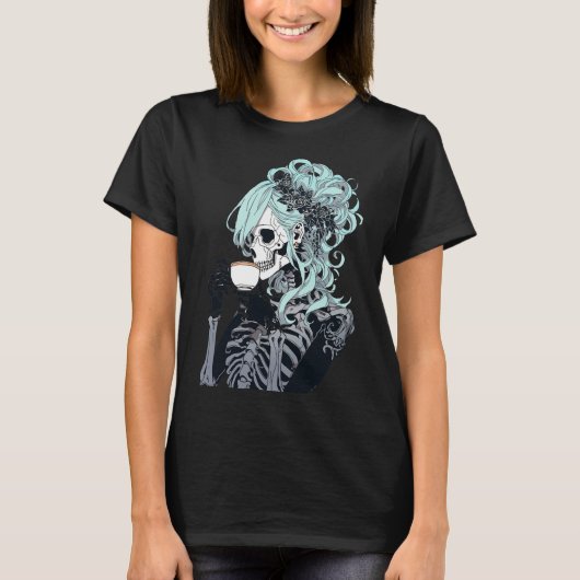 飲みスケルトン乱雑なBunハロウィーンの衣装の女の子 Tシャツ (正面)