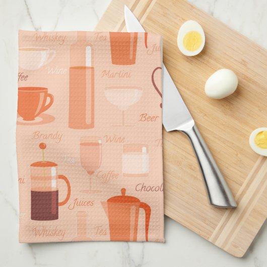飲み物および文字が付いているパターン キッチンタオル (四つ折り)