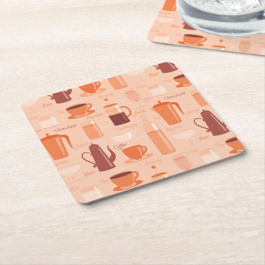 飲み物および文字が付いているパターン スクエアペーパーコースター (アングル)