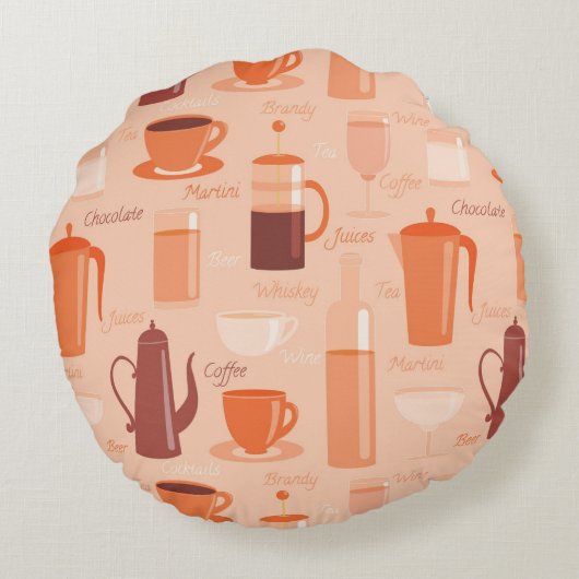 飲み物および文字が付いているパターン ラウンドクッション (裏面)