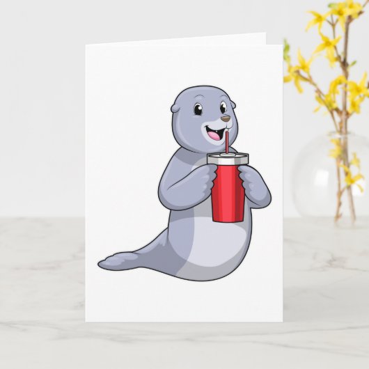 飲み物とアザラシ カード (黄色い花)