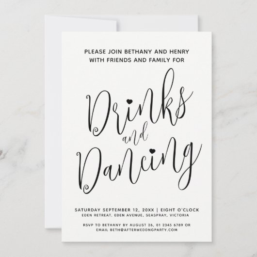 飲み物と踊り結婚投稿のシンプルMonoスクリプト 招待状 (正面)
