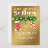 飲み物をありますメリーで陽気な金ゴールドの休日のパーティが食べて下さい 招待状 (正面)
