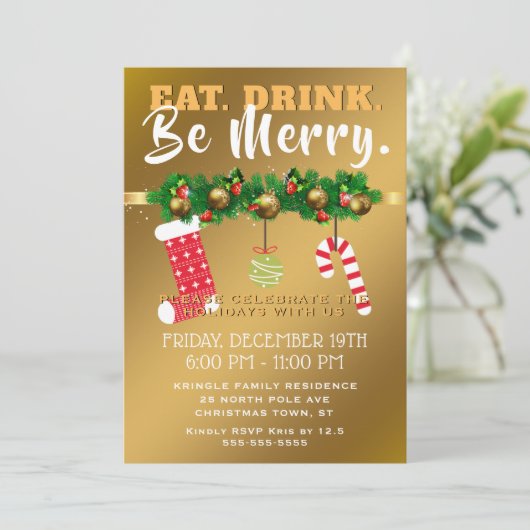 飲み物をありますメリーで陽気な金ゴールドの休日のパーティが食べて下さい 招待状 (スタンド正面)