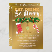 飲み物をありますメリーで陽気な金ゴールドの休日のパーティが食べて下さい 招待状 (正面/裏面)