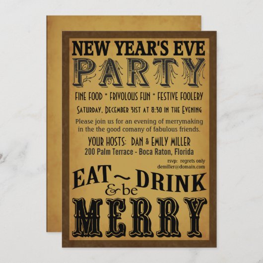 飲み物をあります大晦日のメリーなヴィンテージの招待が食べて下さい 招待状 (正面/裏面)