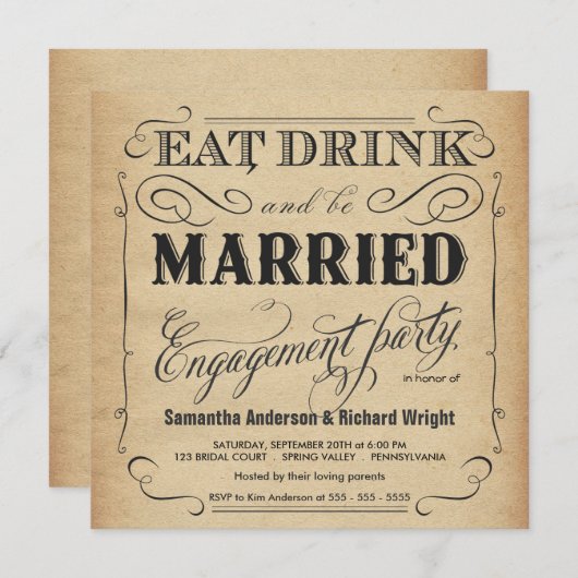 飲み物をあります結婚したな婚約パーティの招待状が食べて下さい 招待状 (正面/裏面)