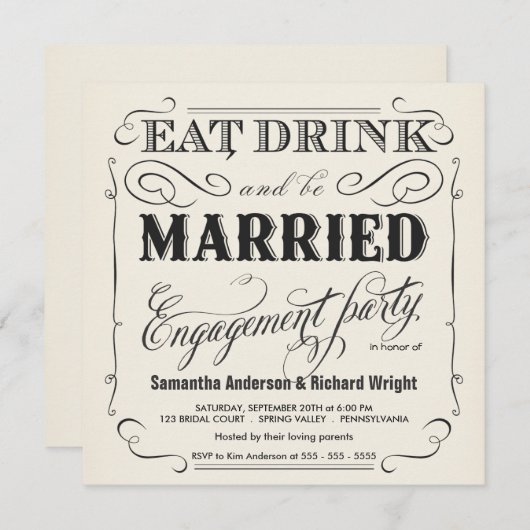 飲み物をあります結婚したな婚約パーティの招待状が食べて下さい 招待状 (正面/裏面)