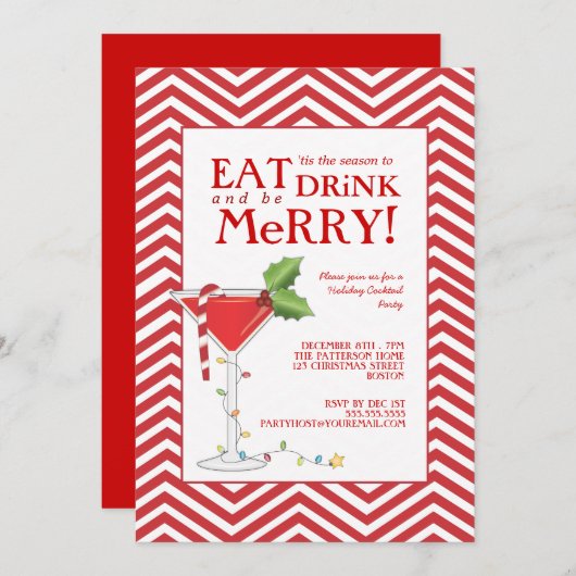 飲み物を食べて下さい及びメリークリスマスのカクテルパーティーがあって下さい 招待状 (正面/裏面)