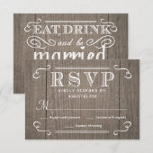 飲み物を食べて下さい及び結婚したなRSVPの西部の木製の結婚式があって下さい 出欠カード (正面/裏面)