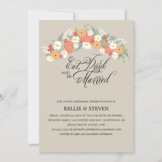 飲み物を食べ、結婚したで素朴な花のリースがあって下さい 招待状 (正面)