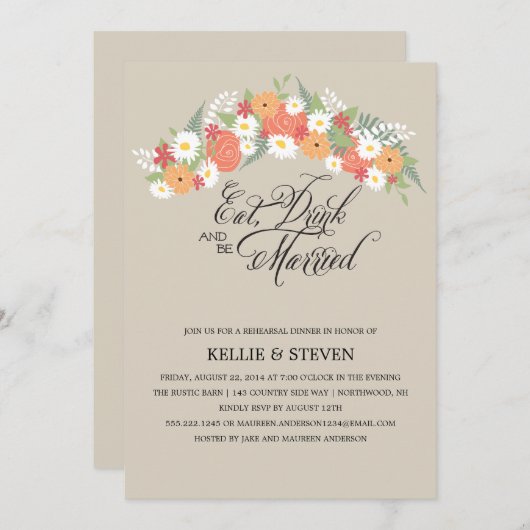 飲み物を食べ、結婚したで素朴な花のリースがあって下さい 招待状 (正面/裏面)