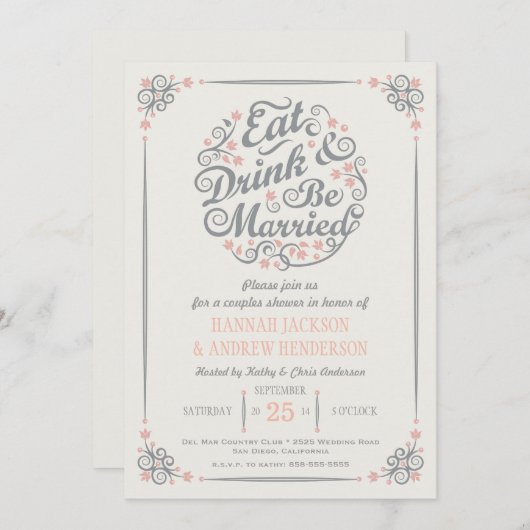 飲み物を食べ、結婚したなカップルのシャワーの招待状があって下さい 招待状 (正面/裏面)