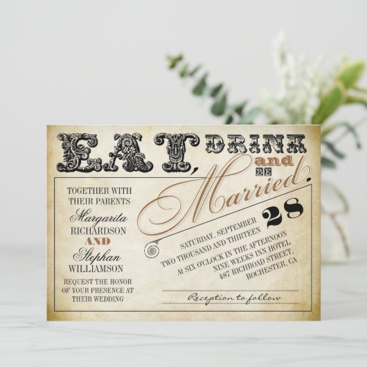 飲み物を食べ、結婚したなタイポグラフィの結婚式の招待があって下さい 招待状 (スタンド正面)