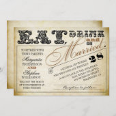 飲み物を食べ、結婚したなタイポグラフィの結婚式の招待があって下さい 招待状 (正面/裏面)