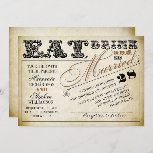 飲み物を食べ、結婚したなタイポグラフィの結婚式の招待があって下さい 招待状 (正面/裏面)