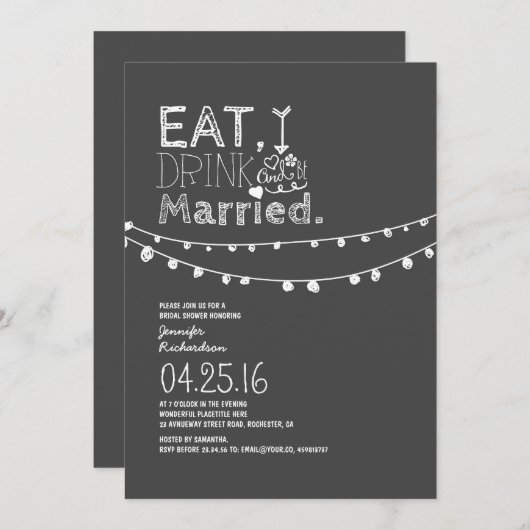 飲み物を食べ、結婚したなブライダルシャワーがあって下さい 招待状 (正面/裏面)