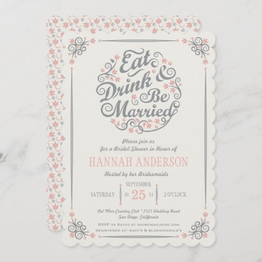 飲み物を食べ、結婚したなブライダルシャワーの招待状があって下さい 招待状 (正面/裏面)
