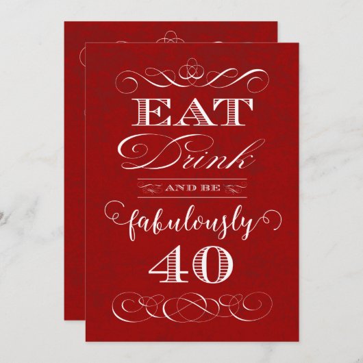 飲み物を食べ、非常に40誕生会の赤があって下さい 招待状 (正面/裏面)
