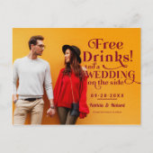 飲み物無料の楽しいカジュアルウェディングの事前案内状 ポストカード (正面)