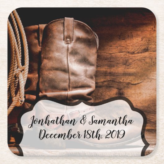 飲み物用コースターズカウボーイブーツバーンウッドカウ素朴ント スクエアペーパーコースター (正面)