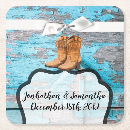 飲み物用コースターブルーウッドバーンドアブーツカントリー スクエアペーパーコースター (正面)