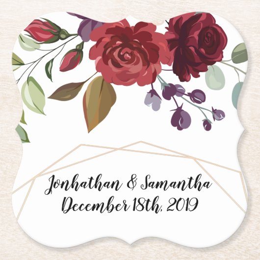 飲み物用コースターホワイトローズ金ゴールド幾何学的フローラF ペーパーコースター (正面)