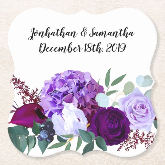 飲み物用コースターラベンダーハイビスカスオンホワイト ペーパーコースター (正面)