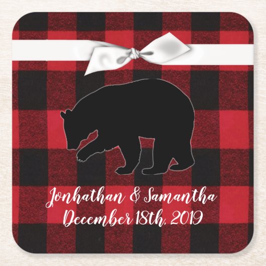 飲み物用コースターレッドバッファロープレイドベアーブラック スクエアペーパーコースター (正面)