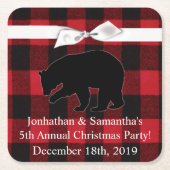 飲み物用コースターレッドプレイドブラックベア スクエアペーパーコースター (正面)