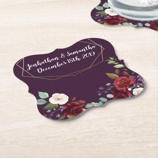 飲み物用コースター幾何学的プラムパープルバラ金ゴールドゲ ペーパーコースター (アングル)