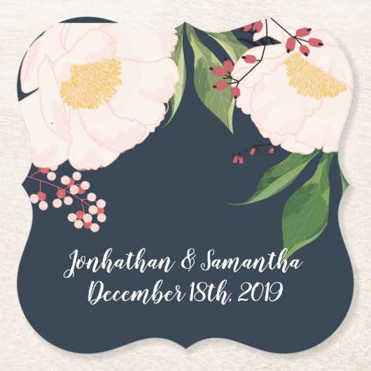 飲み物用コースター白フローラ花オンダークブルー ペーパーコースター (正面)