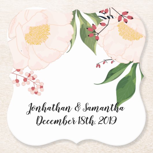 飲み物用コースター白フローラ花オンホワイト ペーパーコースター (正面)