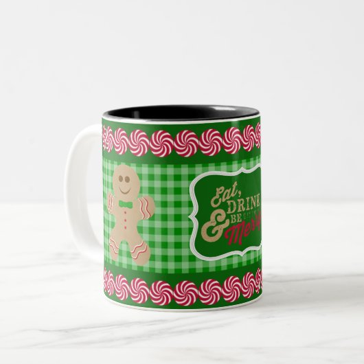 、飲み物食べて下さい及びメリーな緑の格子縞のジンジャーブレッドのマグがあって下さい ツートーンマグカップ (正面左)
