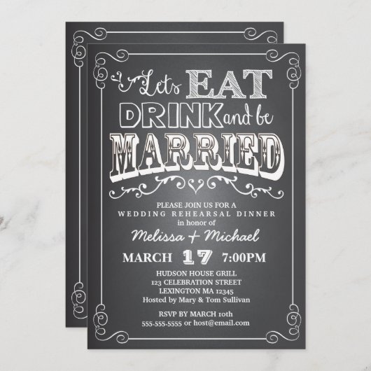 、飲み物食べて下さい及び結婚したな結婚式のリハーサルの夕食があって下さい 招待状 (正面/裏面)