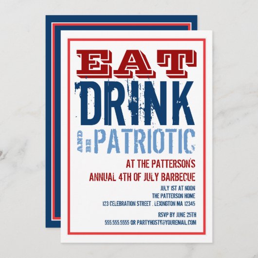 、飲み物食べて下さい及び7月BBQのパーティーの愛国心が強い第4があって下さい 招待状 (正面/裏面)