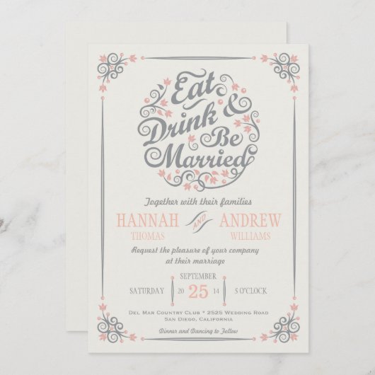 飲み食べ物とビー結婚式招待状 招待状 (正面/裏面)