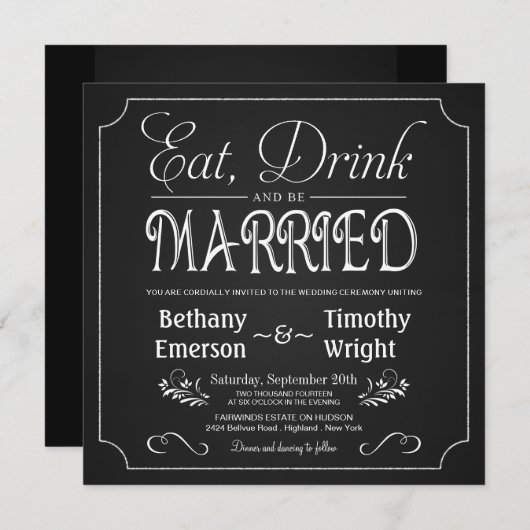 飲み食べ物を黒板結婚した招待状 招待状 (正面/裏面)