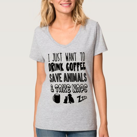 飲むコーヒー及び動物を救うこと Tシャツ (正面)
