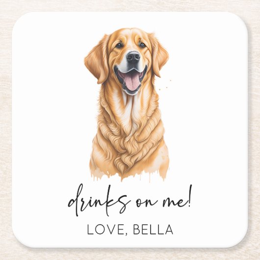 飲め！ゴールデンレトリエバードッグ結婚ペット スクエアペーパーコースター (正面)