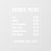 「飲料および軽食価格表」ウィンドウの固定 ウィンドウサイン (シート)