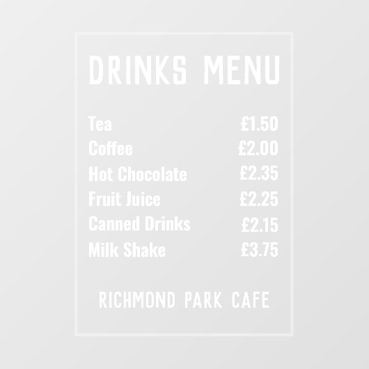 「飲料および軽食価格表」ウィンドウの固定 ウィンドウサイン (シート)