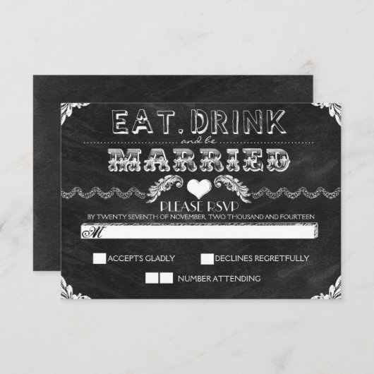 飲食べみとチョーク結婚したボード結婚式RSVP 出欠カード (正面/裏面)